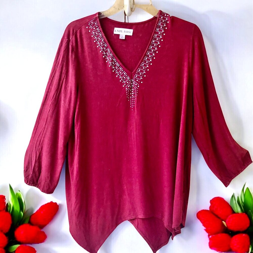 Knox Rose Boho Beaded V Neck Asymmetrical Hem Blouse Top Womens L Burgundy Red